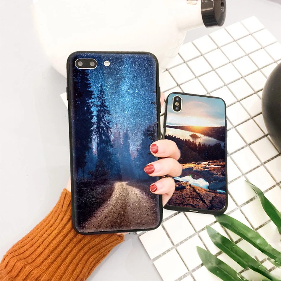 TOMKAS Star Sky Pattern Glass Case For iPhone X 7 8 6 6 s Cover Phone Cases For iPhone 7 8 6 6s Plus X Case Silione TPU PC Coque (18)