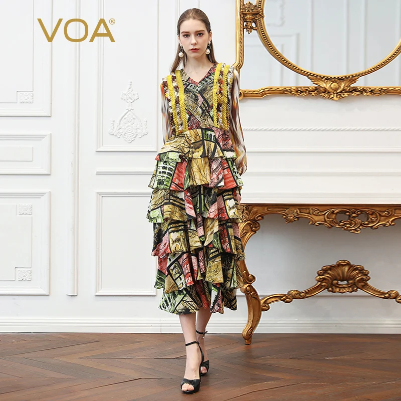 VOA Silk Print V Neck Layered dress women party woman night summer dresses Long Lantern Sleeve Holiday clothes A352
VOA Silk Print V Neck Layered dress women party woman night summer dresses Long Lantern Sleeve Holiday clothes A352