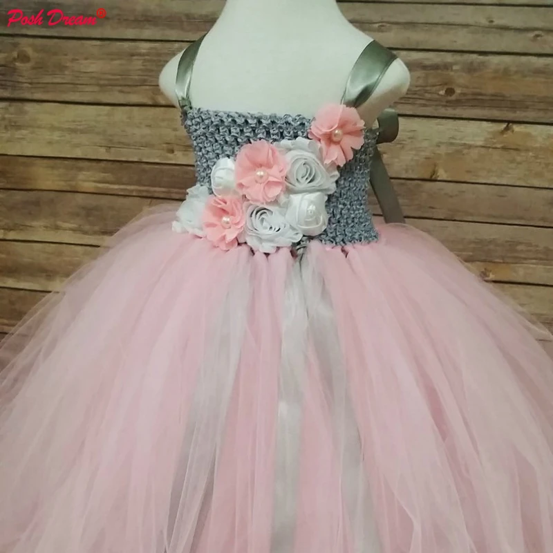 

POSH DREAN Pink White and Grey Tulle Dress with Flowers Satin Straps Wedding Dresses for Girls Toddlers Infants Baby Tutu Dress