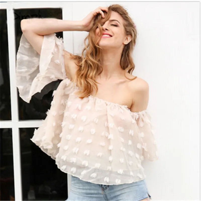 2017 Sexy Off Shoulder Slash Neck Chiffon Blouse Women Summer Flare Sleeve Lace Blouse Elegant Beach Party Blusas
2017 Sexy Off Shoulder Slash Neck Chiffon Blouse Women Summer Flare Sleeve Lace Blouse Elegant Beach Party Blusas