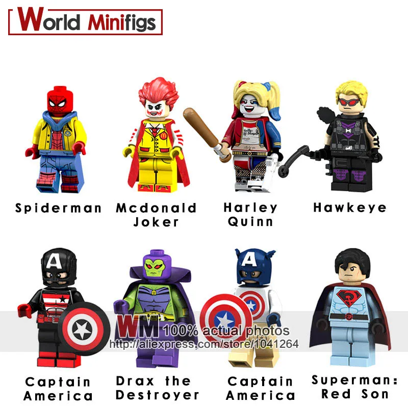 Single Sale Super Hero Captain Soviet America Spider Man Joker Harley Quinn Hawkeye Building Block Models Brick Kit Toys
Single Sale Super Hero Captain Soviet America Spider Man Joker Harley Quinn Hawkeye Building Block Models Brick Kit Toys