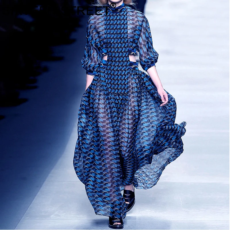 2019 New Autumn Woman dress Long sleeve stand collar geometric printed waist hollow maxi dress vestidos female dropship 
2019 New Autumn Woman dress Long sleeve stand collar geometric printed waist hollow maxi dress vestidos female dropship