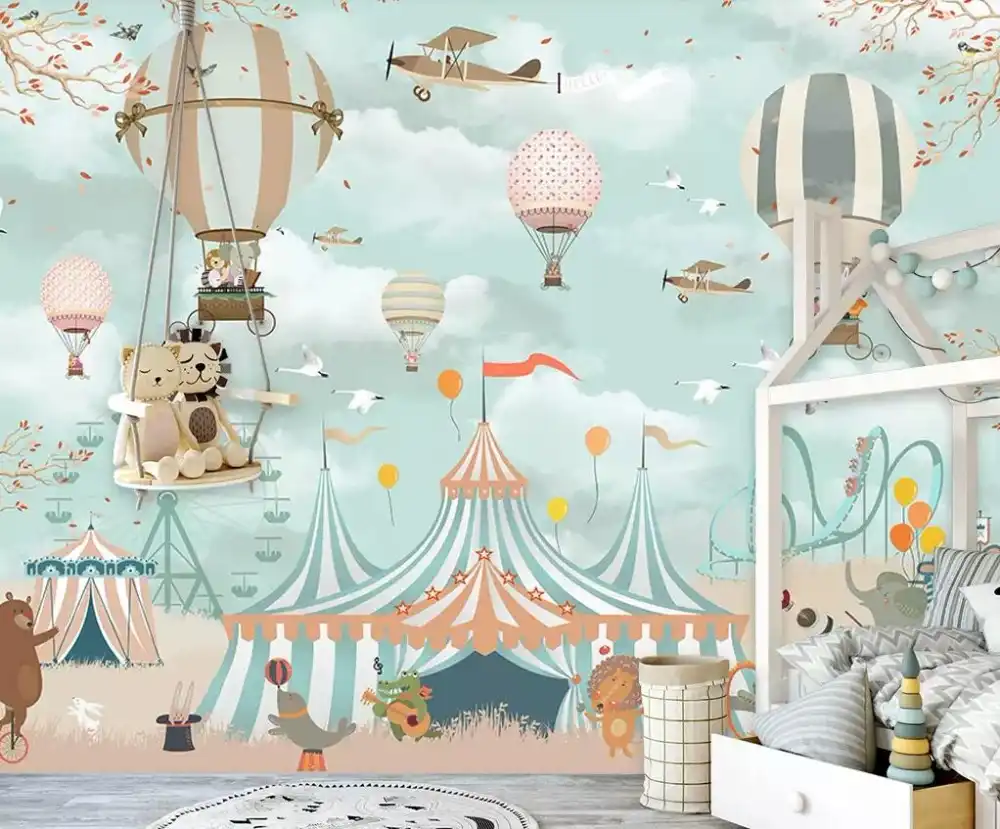 Beibehang 壁画壁紙漫画熱気球サーカス背景子供ルーム少年少女の寝室の背景壁画 3d 壁紙 Gooum