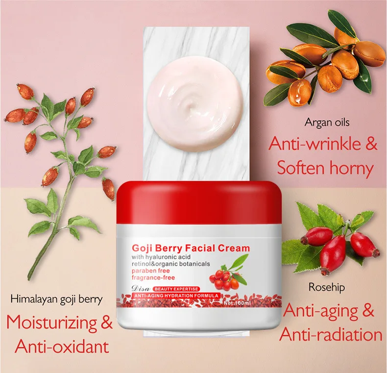 100ML Goji Facial Cream With Hyaluronic Acid Paraben Free Fragrance Free Face Cream Anti-aging Anti Wrinkle Remove Spots 18