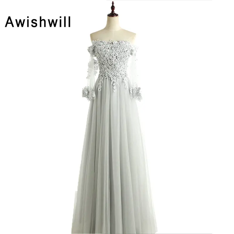 Custom Grey Party Dress Off The Shoulder With Sleeves Floral Lace and Tulle Floor Length Modest Evening Dress Long Real Picture
Custom Grey Party Dress Off The Shoulder With Sleeves Floral Lace and Tulle Floor Length Modest Evening Dress Long Real Picture