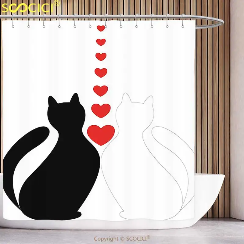 Decorative Shower Curtain Animal Cartoon Two Cats Feline with Hearts in Love Romantic Valentines Image Art Black White and Red | Дом и сад
