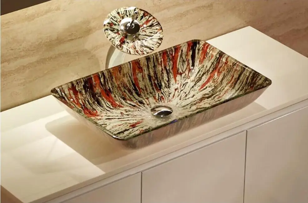 

Bathroom Rectangular Tempered Glass Above Counter Wash Basin Cloakroom Counter Top Vessel Sink HX9004