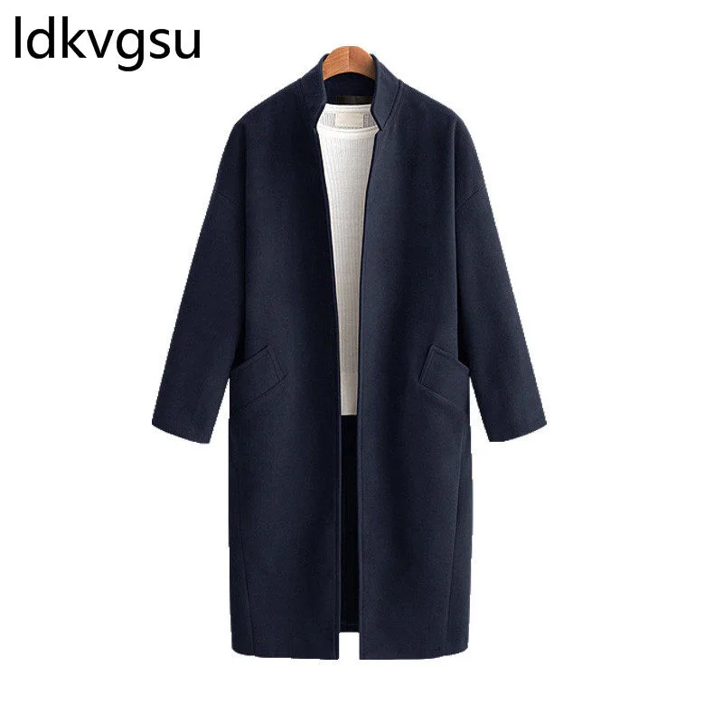 

Women Wool Trench Coat Solid Lady Loose Long Stand Collar Cardigans Woolen Coats Winter Blends Big size Overcoat Army green f090