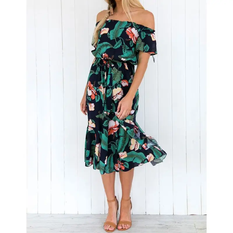 Womens Sexy Off Shoulder Short Sleeve Flowy Midi Long Dress Boho Tropical Floral Print Lace Up High Waist Pleated Beach Sundress
Womens Sexy Off Shoulder Short Sleeve Flowy Midi Long Dress Boho Tropical Floral Print Lace Up High Waist Pleated Beach Sundress