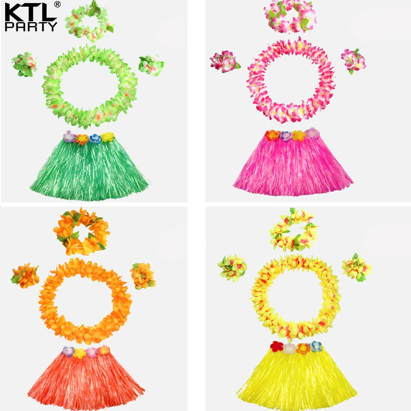 

5pcs/set Girls 30cm 40cm double decker thickening Hawaiian Hula Skirt Suit children dance grass dresses Hawaii Beach Festive