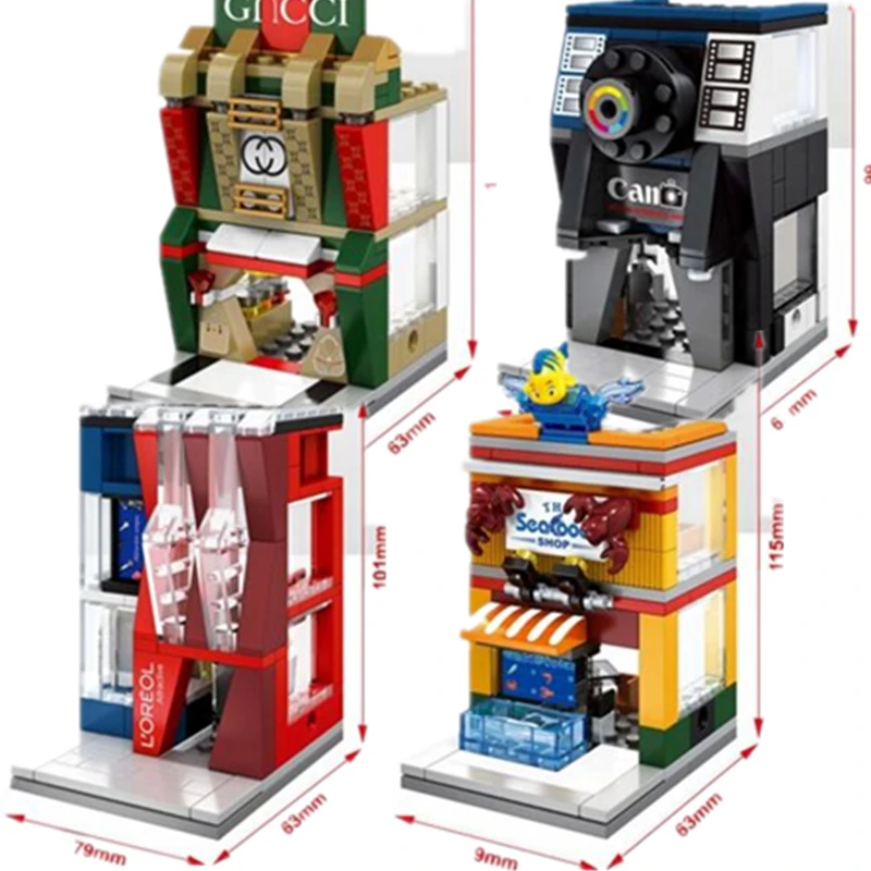 4pcs Mini Street View OREAL Gucc Camera Sea Food Shop Store Building Bricks Block
4pcs Mini Street View OREAL Gucc Camera Sea Food Shop Store Building Bricks Block