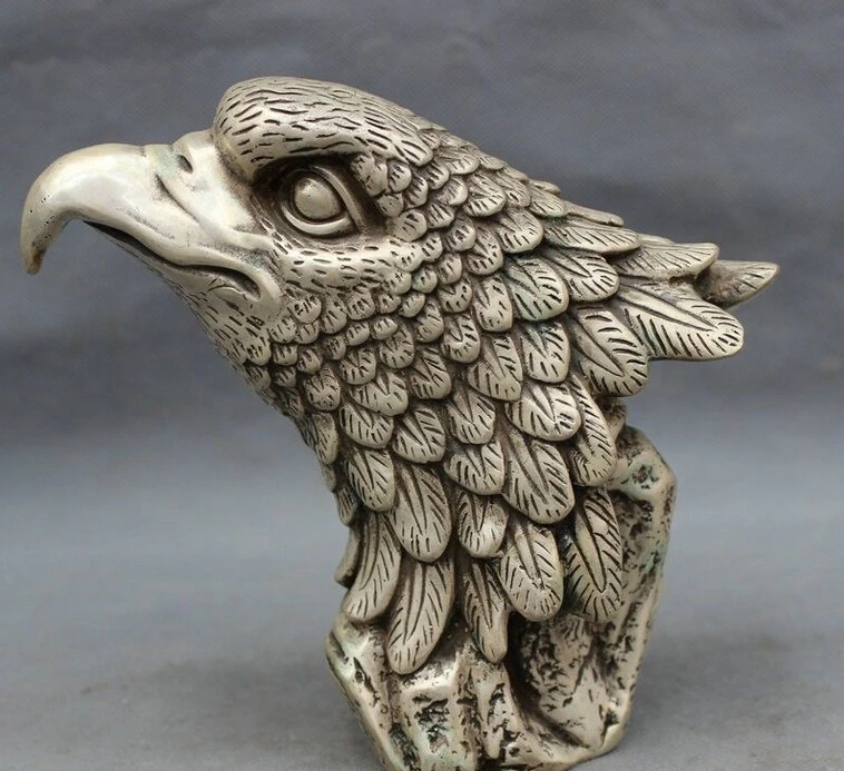 Lucky Chinese Silver Folk FengShui King Of Birds Eagle Hawk Head Bust Statue