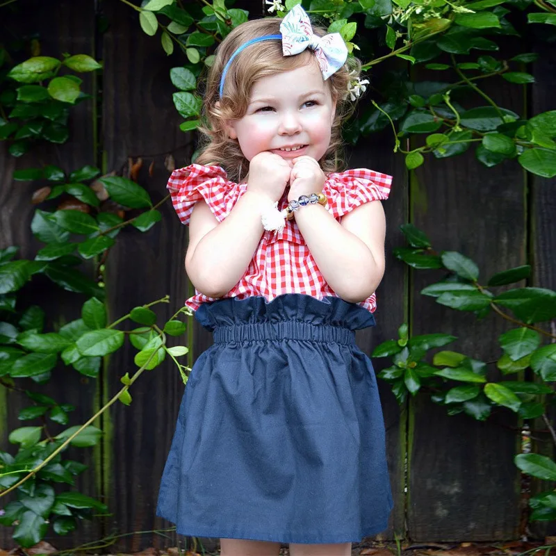CieiK Summer Baby Girl Clothes Red Plaid Top + Blue Skirt Set Newborn Ruffles Short Sleeves 2PCS Toddler Kids Clothing Set (16)
