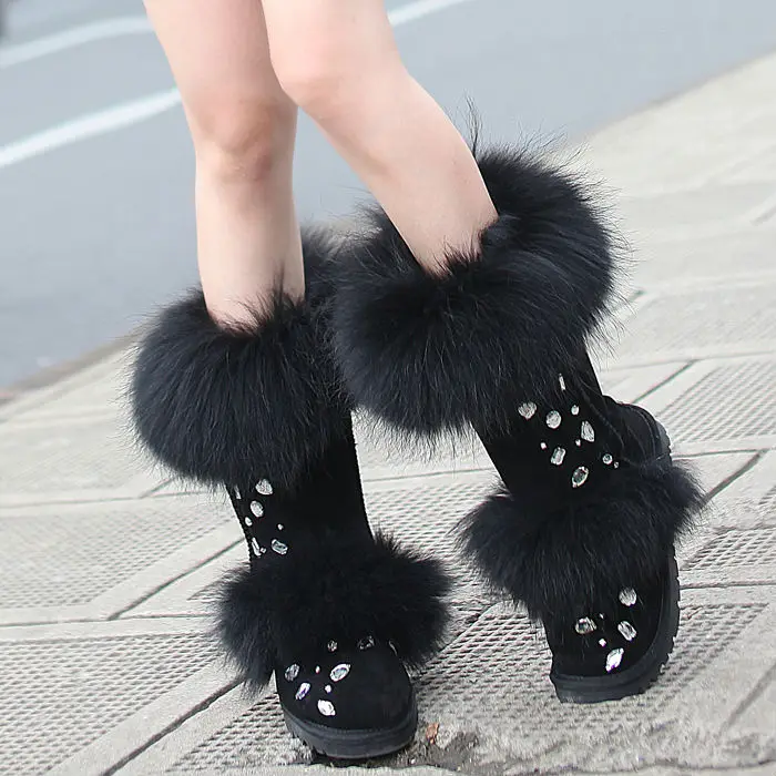 In 2015 the new manual diamond high fox hair boots leather female boots in cotton wool