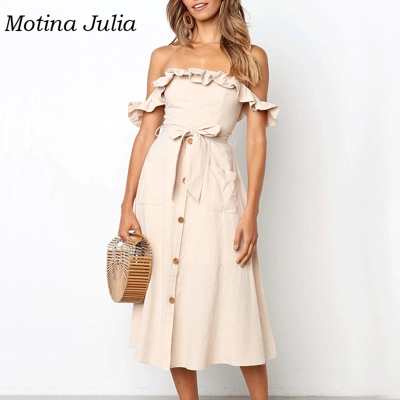 Motina Julia off shoulder ruffle dress women button front bow midi dress bohemian beach female vestidos pockets dress
Motina Julia off shoulder ruffle dress women button front bow midi dress bohemian beach female vestidos pockets dress