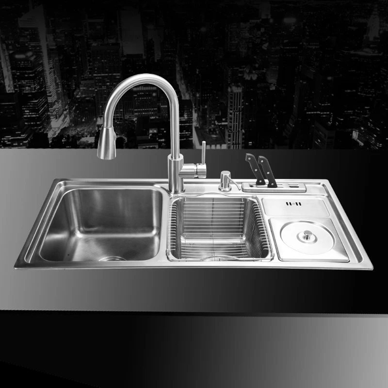 Image 910*430*210mm 304 Stainless steel undermount kitchen sink set three bowl Drawing drainer Handmade brushed seamless welding sink