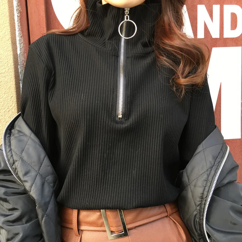 Harajuku Vintage Circle Ring Long Sleeve Tee Turtleneck Zipper Knitted Pullover 121116 26
