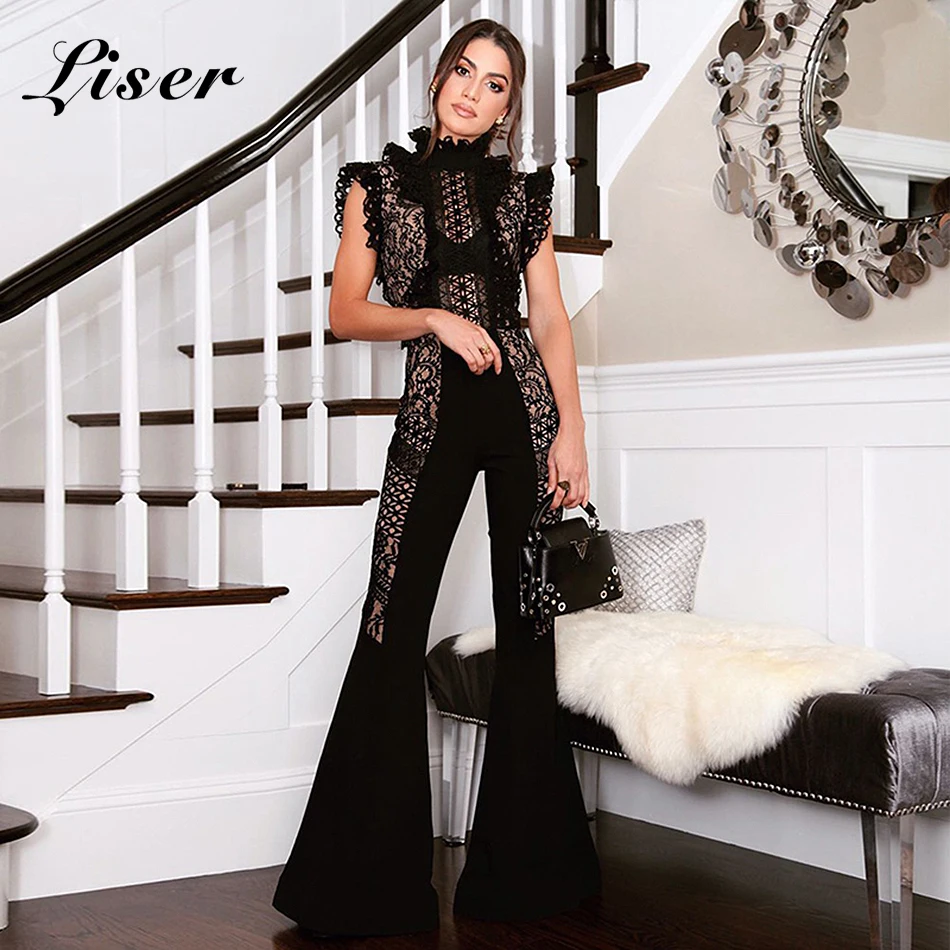 

Liser 2018 New Summer Women Jumpsuits Turtleneck Lace Bandage Jumpuit Sexy Bodycon Elegant Evening Party Black Jumpsuit Vestidos