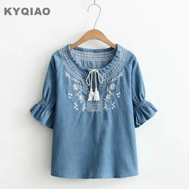 KYQIAO Ethnic denim shirt 2019 mori girls summer Japan style bohemian half sleeve o neck tassels embroidery blue denim blouse
KYQIAO Ethnic denim shirt 2019 mori girls summer Japan style bohemian half sleeve o neck tassels embroidery blue denim blouse