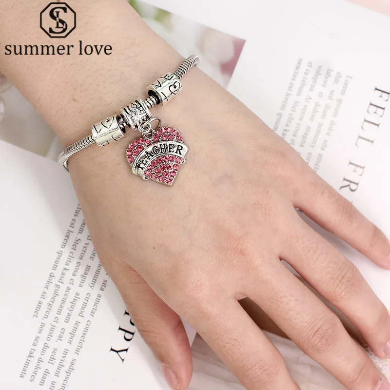New Sweet Pink Full Rhinestone Crystal Heart Teacher Bracelet Snake Chain Charm Bracelet Gifts For Women Teacher's Day Jewelry
New Sweet Pink Full Rhinestone Crystal Heart Teacher Bracelet Snake Chain Charm Bracelet Gifts For Women Teacher's Day Jewelry