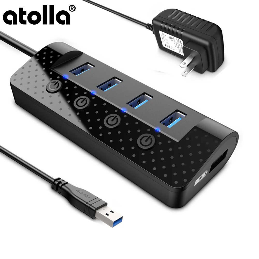 

atolla USB 3.0 hub Splitter with 4 USB 3.0 Data Ports and 1 USB Smart Charging Port, Individual Power Switches and Power Adapter