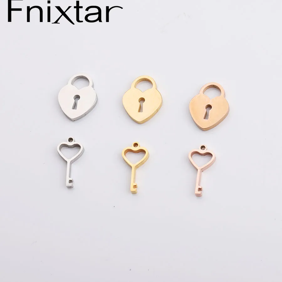 Fnixtar Mirror Polished Stainless Steel 9*12mm Love Heart Lock Pendant Key Charm 6.5*13mm DIY Neckalce 20piece/lot | Украшения и