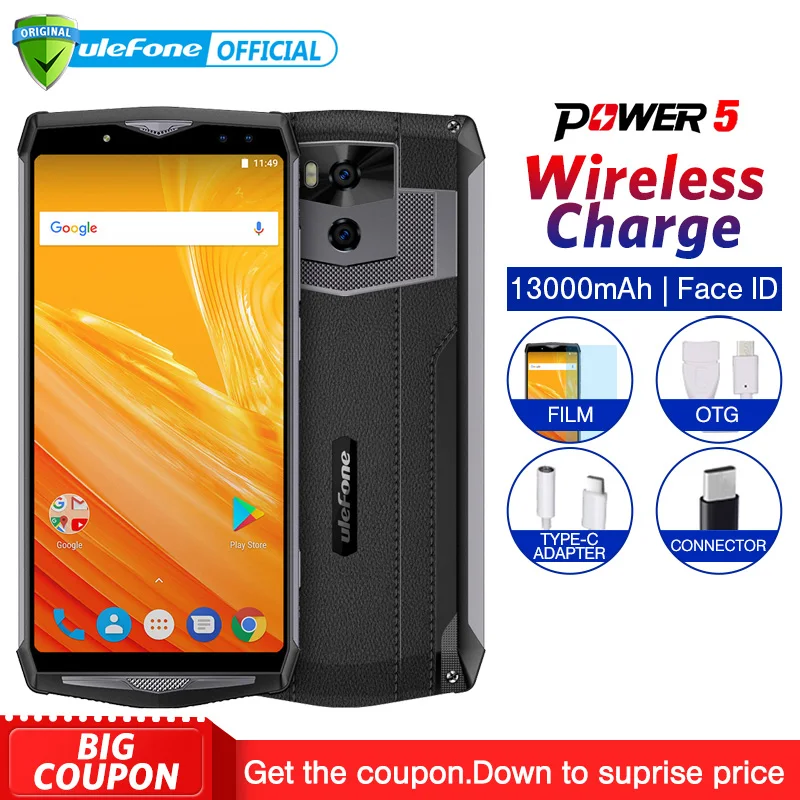 Ulefone Power 5 13000mAh Mobile Phone Android 8.1 6.0" FHD MTK6763 Octa Core 6GB+64GB 21MP Face ID Wireless charge 4G Smartphone
Ulefone Power 5 13000mAh Mobile Phone Android 8.1 6.0" FHD MTK6763 Octa Core 6GB+64GB 21MP Face ID Wireless charge 4G Smartphone