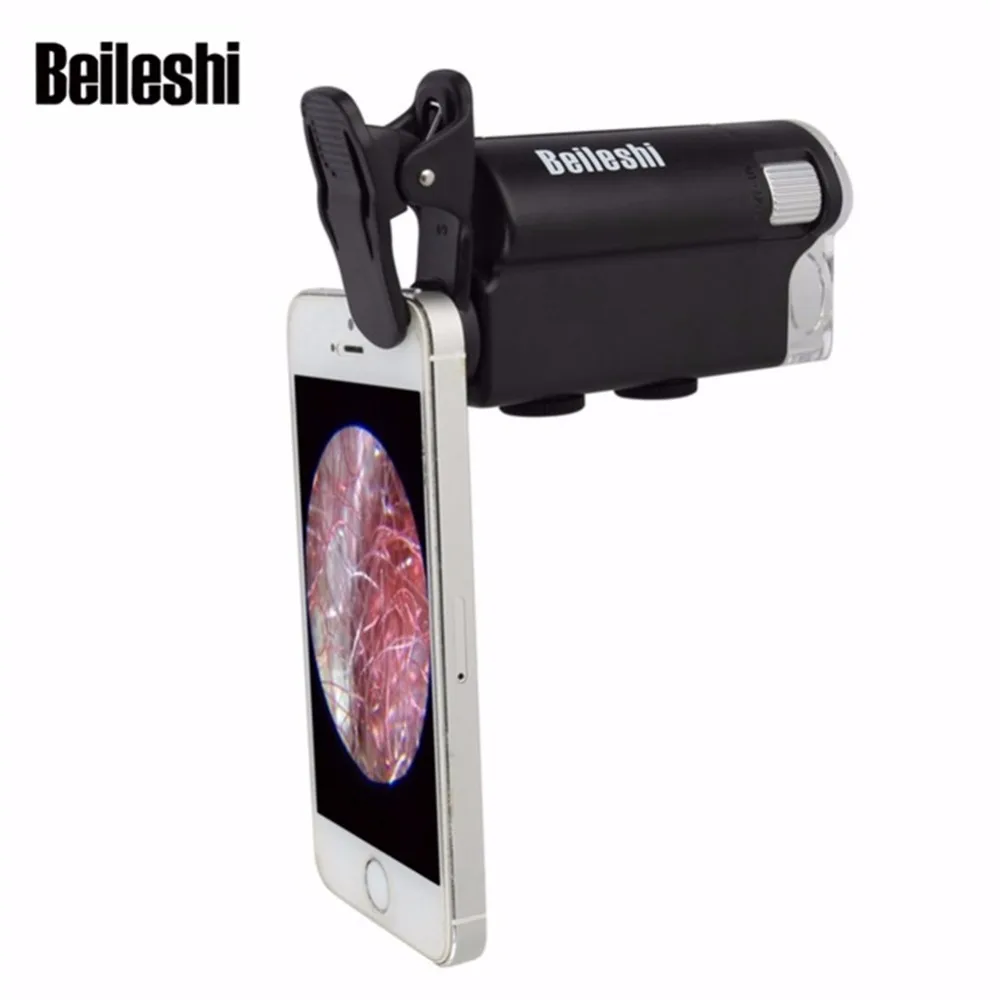 

Beileshi 60x-100x Zoom Microscope Magnifier LED + UV Light Clip-on Micro Lens for Universal Mobile Phones With Clamp Portable