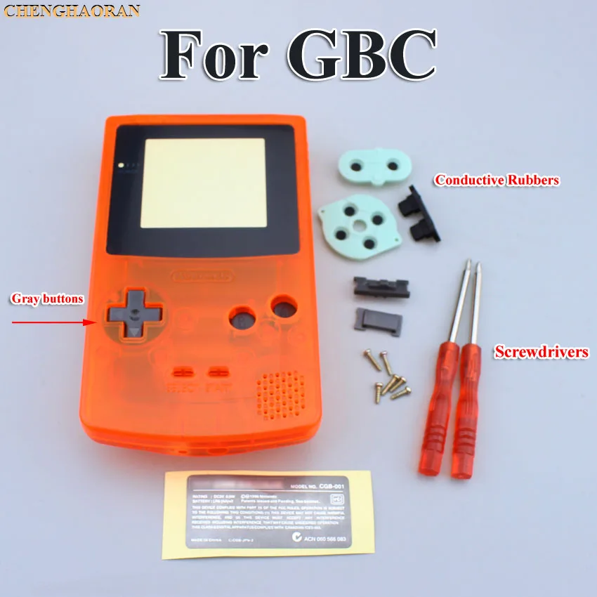 Clear Orange Full Housing Shell case cover for GBC Gameboy Color with Conductive Rubber Screwdrivers
Clear Orange Full Housing Shell case cover for GBC Gameboy Color with Conductive Rubber Screwdrivers