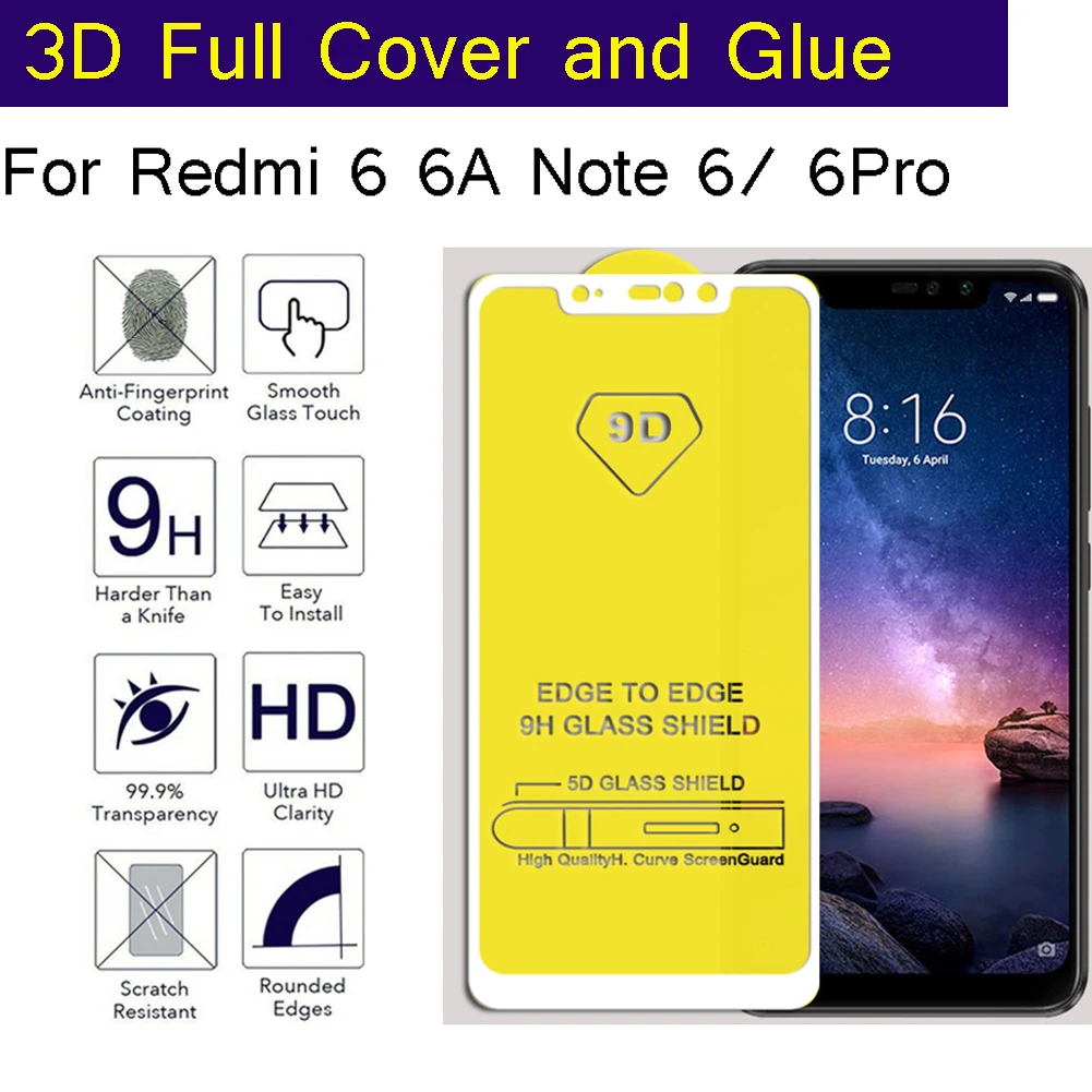 Фото Премиум 3D полный охват клей для Xiaomi Redmi Hongmi 6 6A примечание Pro закаленное стекло