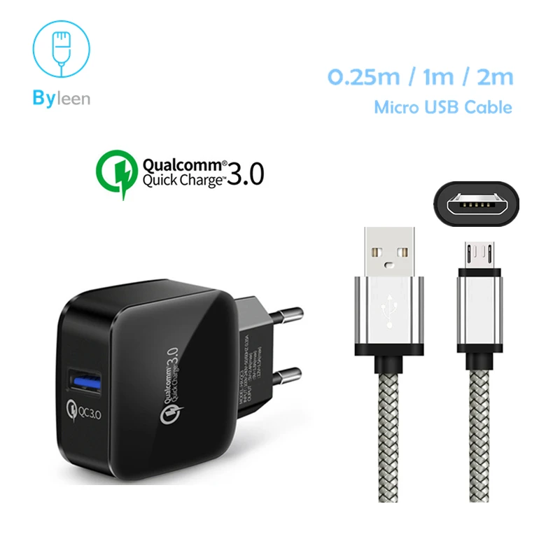 Byleen 2/1/0.25 m Micro USB 18w EU Plug QC3.0 Fast Charger for Samsung Galaxy J3/J5/J7 2017 Xiaomi Redmi 6a 4x 5 Plus 5A Note 5
Byleen 2/1/0.25 m Micro USB 18w EU Plug QC3.0 Fast Charger for Samsung Galaxy J3/J5/J7 2017 Xiaomi Redmi 6a 4x 5 Plus 5A Note 5