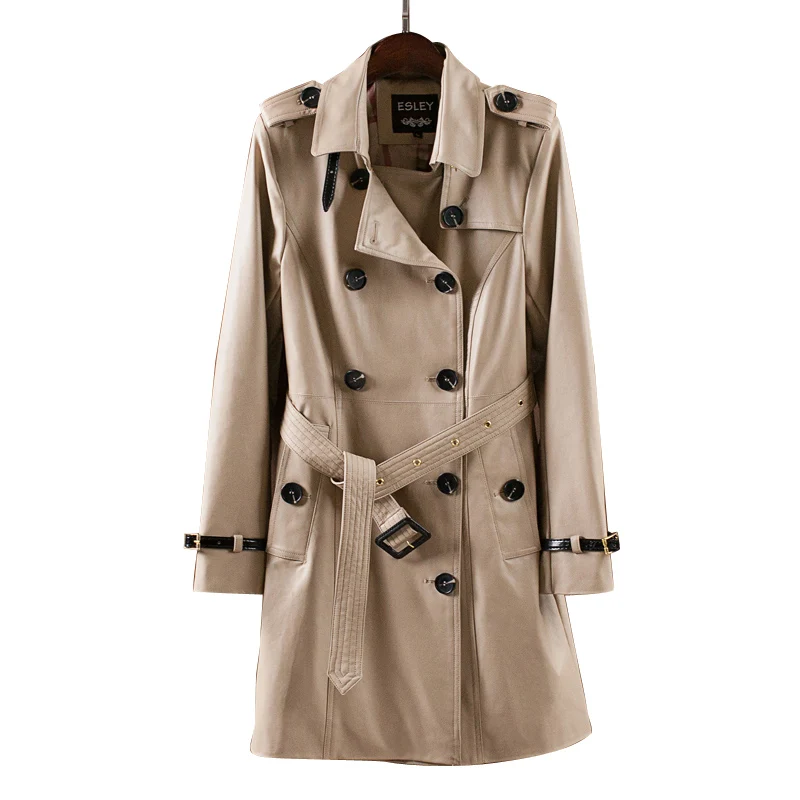 2018 new designer Khaki soft matte leather classic style two line button with belt women lady autumn winter Slim Long Trench
2018 new designer Khaki soft matte leather classic style two line button with belt women lady autumn winter Slim Long Trench