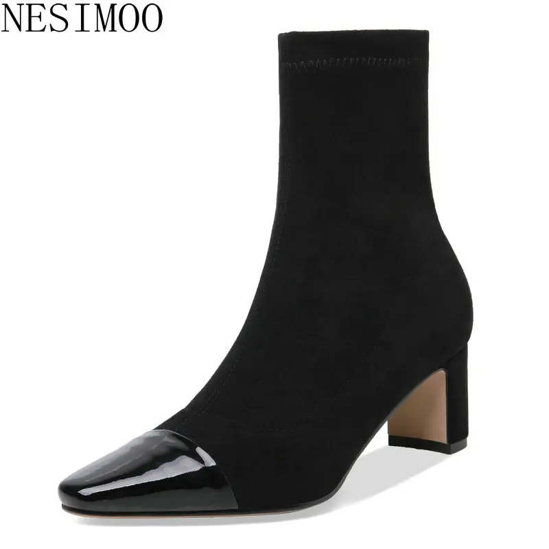 

NESIMOO 2019 Fashion Women Ankle Boots Genuine Leather Pointed Toe Square Med Heel All Match Concise Ladies Shoes Size 34-39