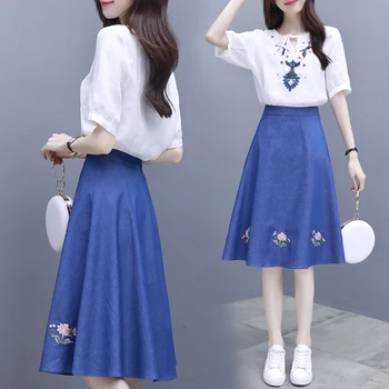 Elegant Fashion Embroidery Skirt Set Short Sleeve Denim Skirt Survetement Femme 2 Piece Brief Wild Summer Costumes For Women
Elegant Fashion Embroidery Skirt Set Short Sleeve Denim Skirt Survetement Femme 2 Piece Brief Wild Summer Costumes For Women