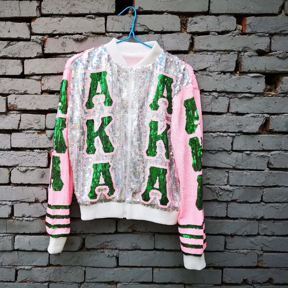 Greek Fashion lady streetwear coat sequins zip up long sleeve sporty bat sleeved Aka pink and green Sorority jackets
Greek Fashion lady streetwear coat sequins zip up long sleeve sporty bat sleeved Aka pink and green Sorority jackets