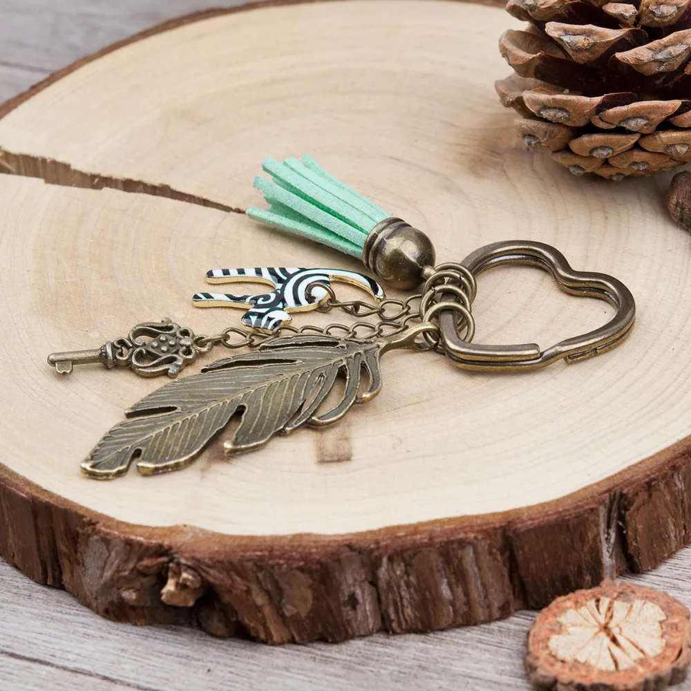 Doreen Box Antique Bronze Key Chains&Key Rings vintage feather heart Key Pendant Stripe Cat Tassel Pendants Mint Green Keychain 5