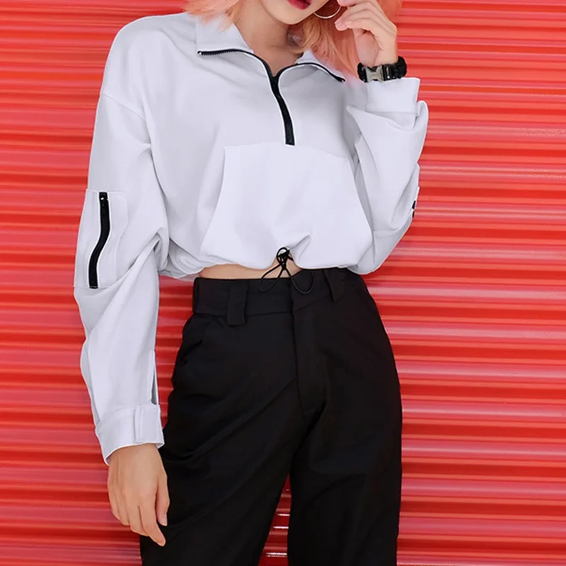 Liva Long Sleeve White Zipper Splicing Drawstring Harajuku Crop Hoodies Sweatshirts Pullover Winter Kpop Clothes Sudadera Mujer | Женская