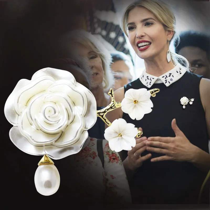 

Ivanka Trump Classical Royalty Camellia Flower Brooch Concise Pearl Brooch Women Pins And Brooches Jewellery Dress Gift Rose Pin