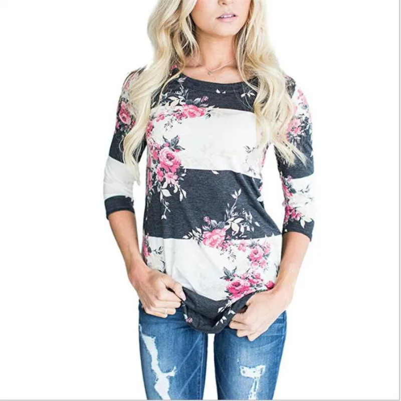 Women Long Sleeve T shirt 3/4 Sleeve Floral Print T-Shirts O-neck Casual Striped Tops Cotton Tee Shirt Plus Size XXL
Women Long Sleeve T shirt 3/4 Sleeve Floral Print T-Shirts O-neck Casual Striped Tops Cotton Tee Shirt Plus Size XXL