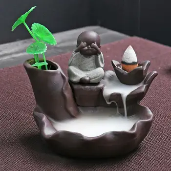 Ceramic Buddhist Monk Backflow Incense Burner Chinese Lotus Incense Stick Holder Aromatic Smoke Waterfall Mountain Shape Censer