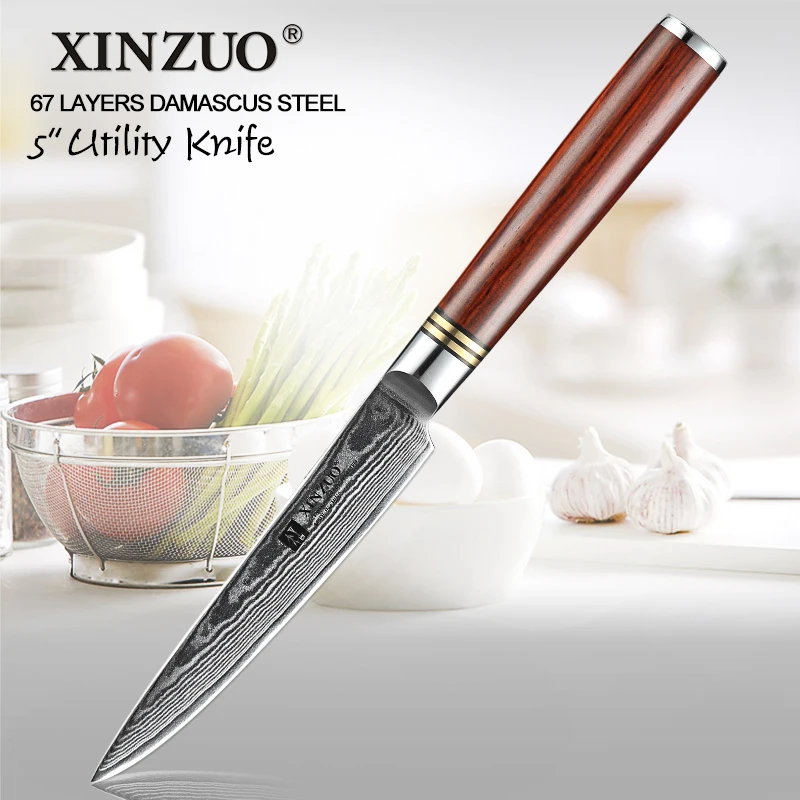 XINZUO 5" inch Utility Knife High Carbon Japanese VG10 Damascus Steel Kitchen Knives Brand Paring Knives with Rosewood Handle
XINZUO 5" inch Utility Knife High Carbon Japanese VG10 Damascus Steel Kitchen Knives Brand Paring Knives with Rosewood Handle