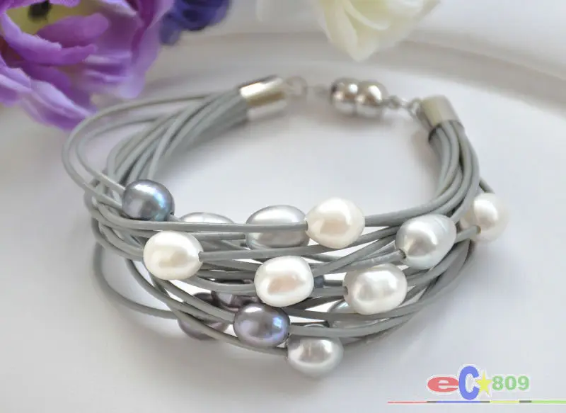15row 8" 13mm gray black white rice pearl gray leather bracelet -Bride jewelry free shipping
15row 8" 13mm gray black white rice pearl gray leather bracelet -Bride jewelry free shipping