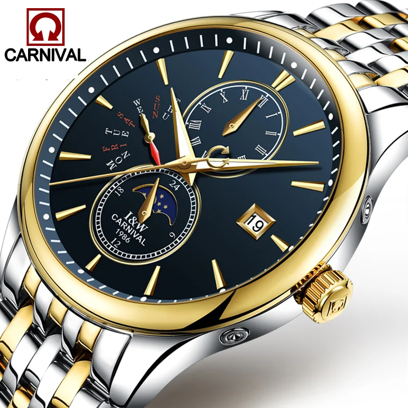 Carnival Watch Men Phases moon Automatic Mechanical Gold Stainless Steel Waterproof multifunction Black Dial Watches
Carnival Watch Men Phases moon Automatic Mechanical Gold Stainless Steel Waterproof multifunction Black Dial Watches