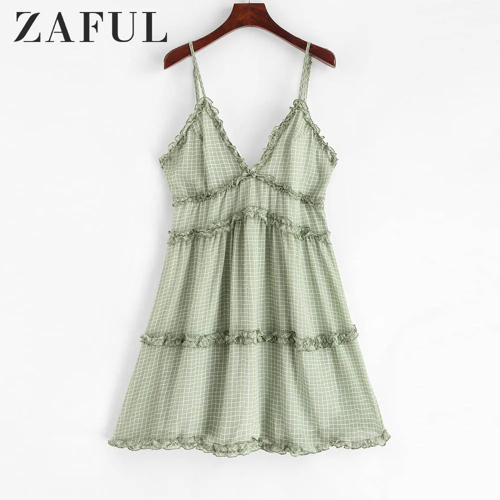 

ZAFUL Ruffle Trim Gingham Tiny Floral Mini Cami Dress A-Line Spaghetti Strap Ruffles Sleeveless Women Casual Gingham Dress 2019