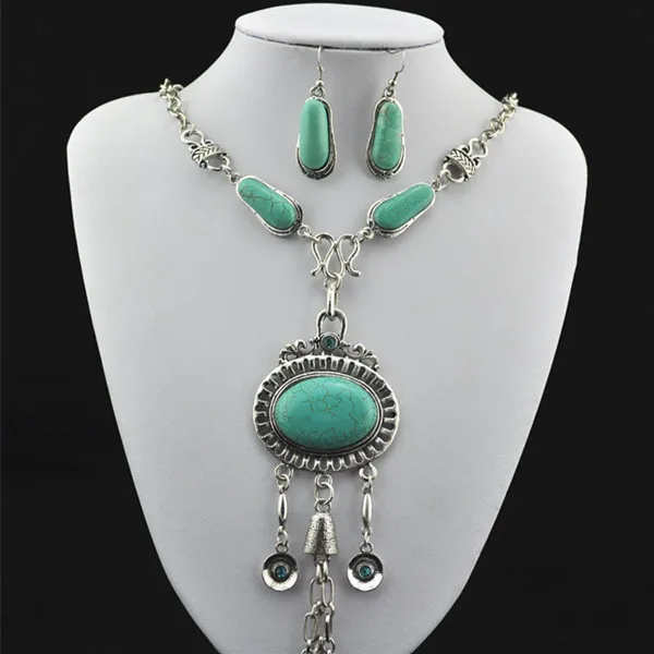 

S132 Green Black Lava Rock Crystal Necklace Pendant & Earring Jewlery Set ,Women Gift,Vintage Look,Tibet Alloy