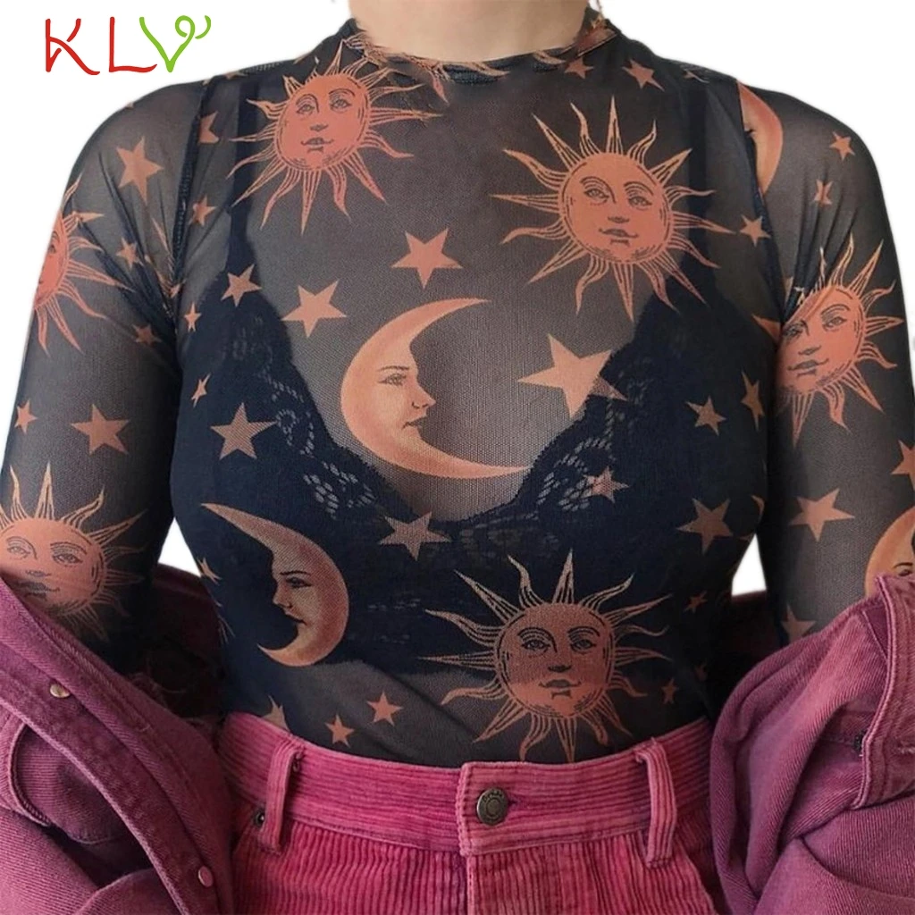 Women T Shirt Mesh Top Sexy Moon and Stars Print Transparent Short Sheer See Through Undershirt Camisas Femininas Clubwear 18Jan
Women T Shirt Mesh Top Sexy Moon and Stars Print Transparent Short Sheer See Through Undershirt Camisas Femininas Clubwear 18Jan