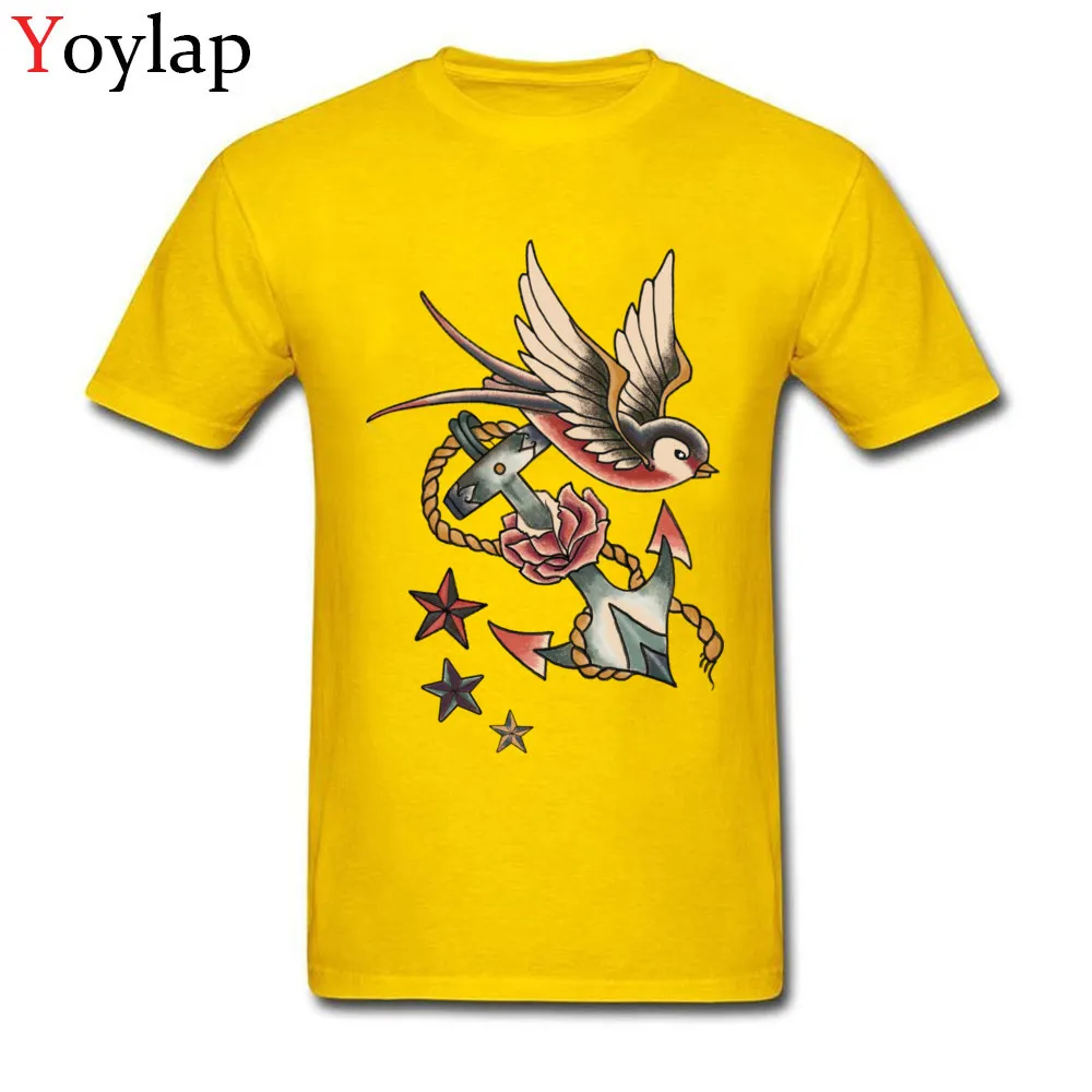 2017 New Fashion Printed On T-Shirt Round Collar All Cotton Retro Tattoo Male Tops Shirt Short Sleeve Fall Printed On Tee Shirt yellow