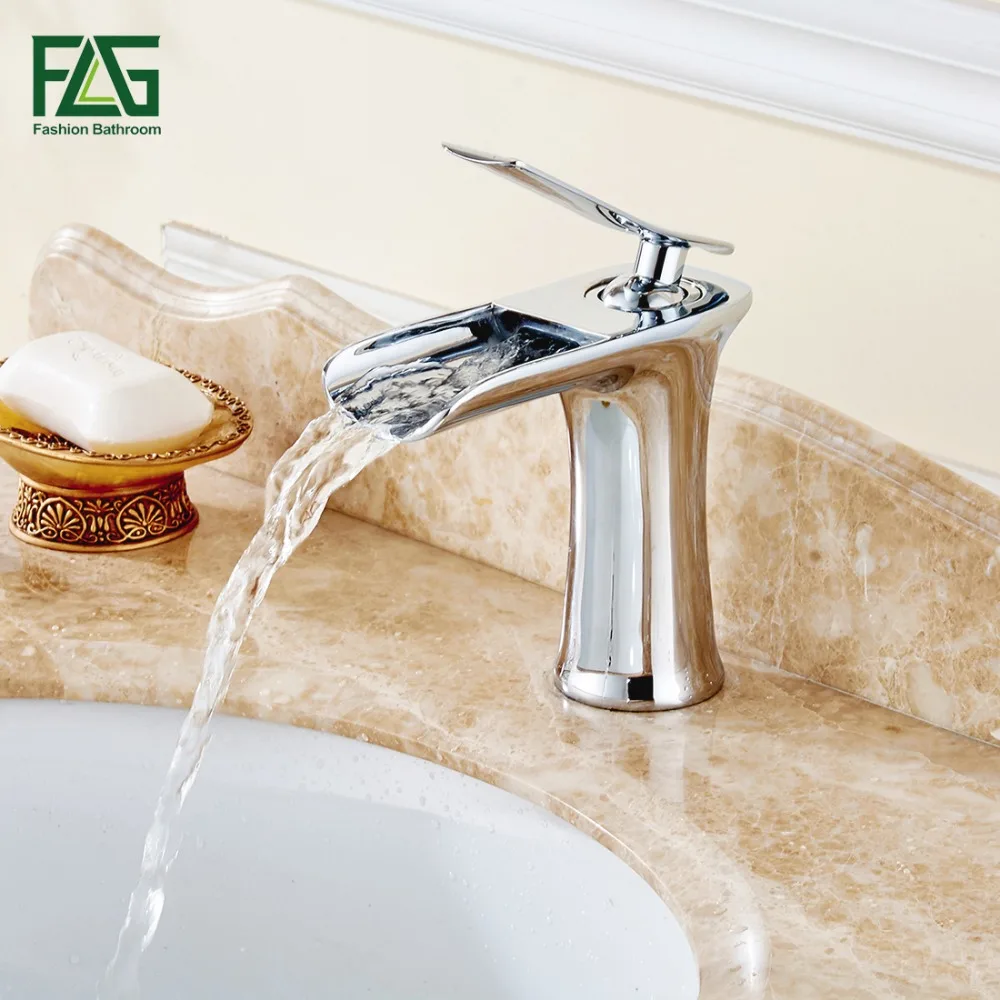 

FLG Basin Faucets Deck Mounted Finish Gold Color Mixer Waterfall Tap Cold Hot Single Handle Bathroom Sink Faucet Taps 130-11C