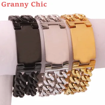 

Granny Chic 8.26" Men's Bracelets Smooth ID Tag Bracelet Stainless Steel Double Cuba Chain Bileklik Hiphop Fashion Jewelry Bold