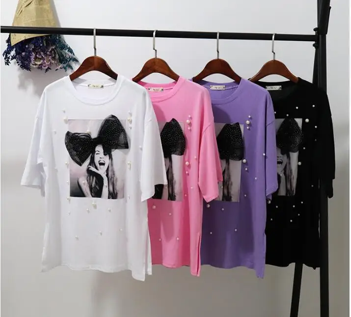 Women White T-shirt Summer Clothing Casual Loose Mesh Bow Pearl Beading Short Sleeve Ladies Female Tops Large Tees Tunic
Women White T-shirt Summer Clothing Casual Loose Mesh Bow Pearl Beading Short Sleeve Ladies Female Tops Large Tees Tunic